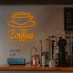 LED Neon Sign a coffee cup and saucer above the word "Coffee"