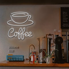 LED Neon Sign a coffee cup and saucer above the word "Coffee"