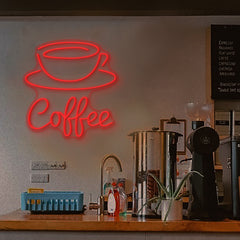 LED Neon Sign a coffee cup and saucer above the word "Coffee"