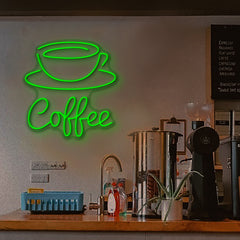 LED Neon Sign a coffee cup and saucer above the word "Coffee"